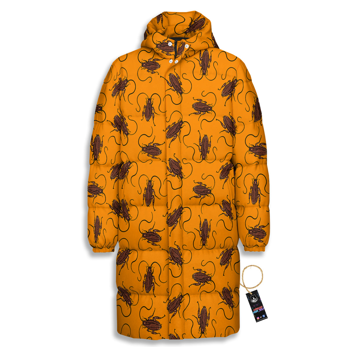 Cockroach Orange Print Pattern Long Down Jacket-grizzshop
