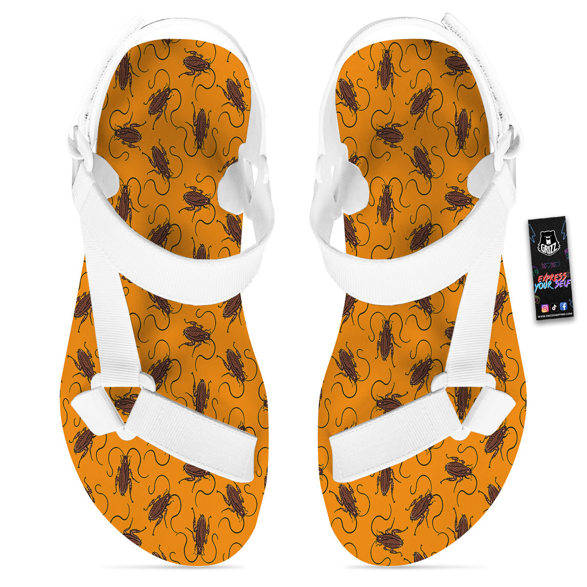 Cockroach Orange Print Pattern White Open Toe Sandals-grizzshop