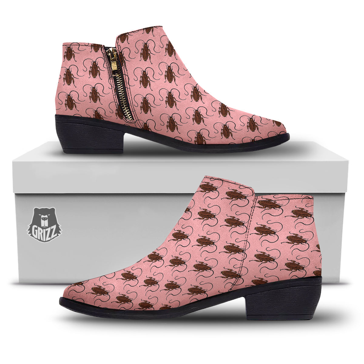 Cockroach Pink Print Pattern Ankle Boots-grizzshop