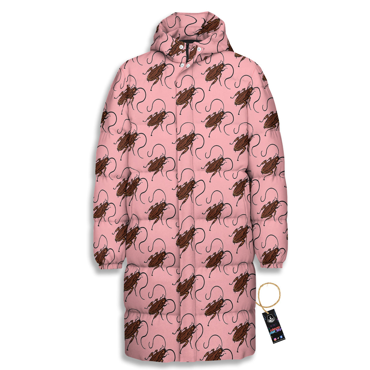 Cockroach Pink Print Pattern Long Down Jacket-grizzshop