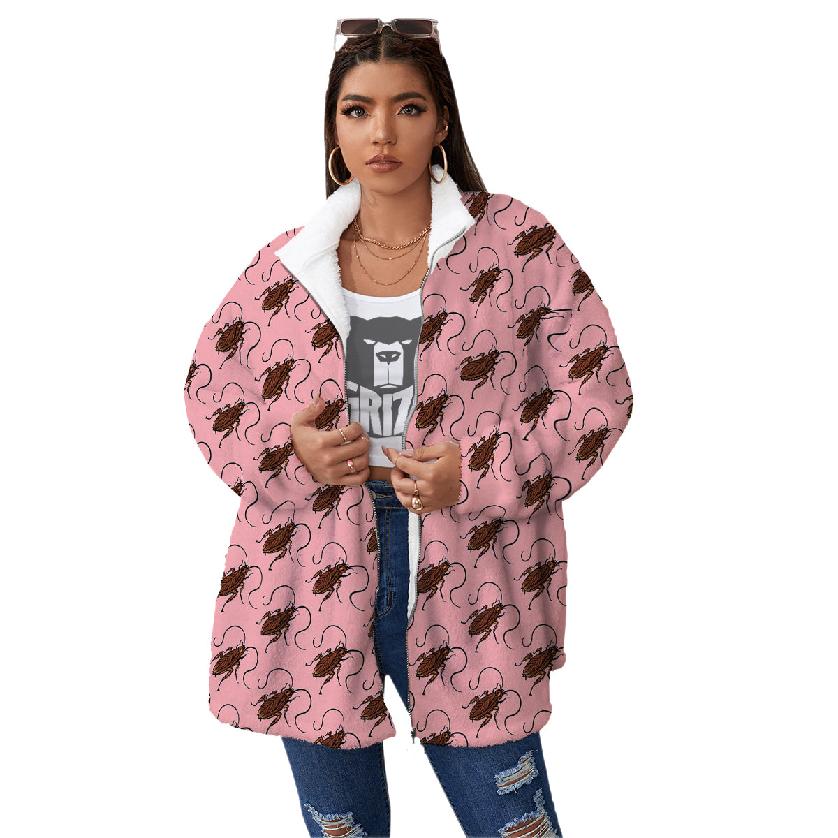 Cockroach Pink Print Pattern Women's Sherpa Jacket-grizzshop