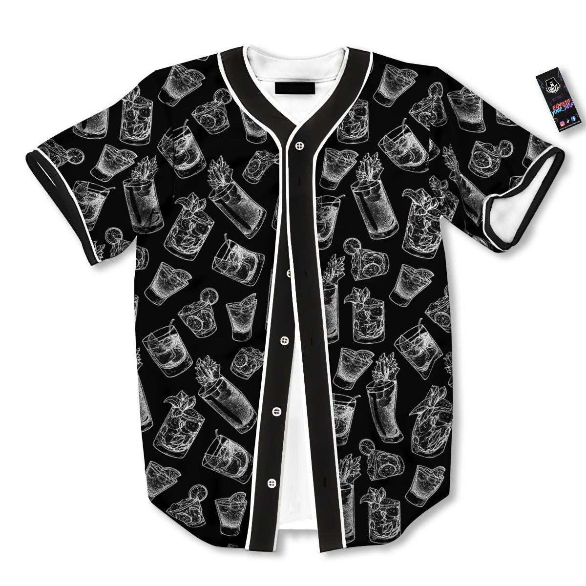 Cocktail Black And White Doodle Print Pattern Baseball Jersey-grizzshop