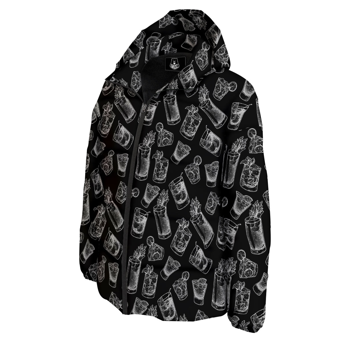 Cocktail Black And White Doodle Print Pattern Down Jacket-grizzshop