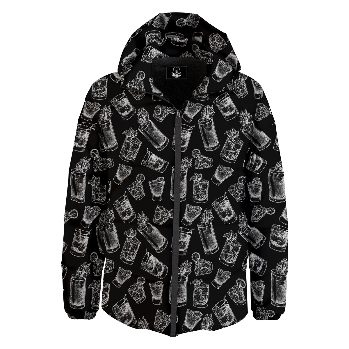 Cocktail Black And White Doodle Print Pattern Down Jacket-grizzshop