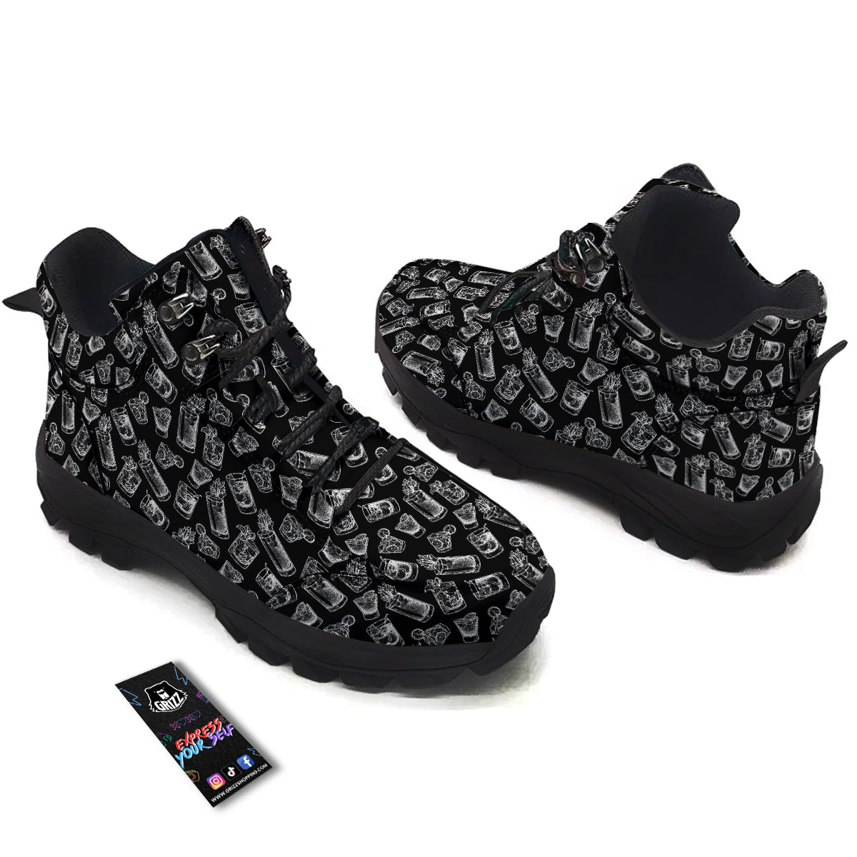 Cocktail Black And White Doodle Print Pattern Hiking Shoes-grizzshop