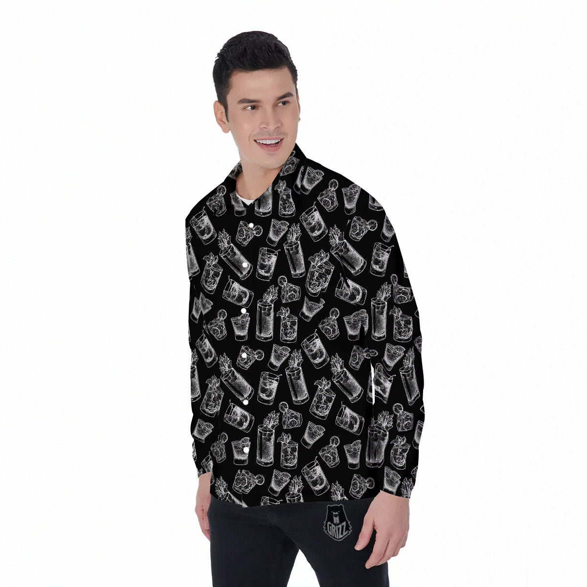 Cocktail Black And White Doodle Print Pattern Men's Long Sleeve Shirts-grizzshop