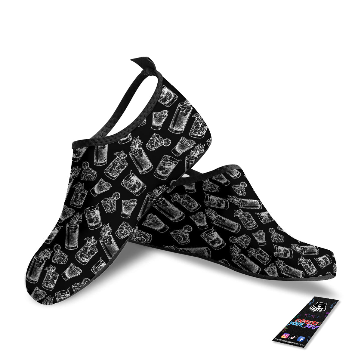 Cocktail Black And White Doodle Print Pattern Water Shoes-grizzshop