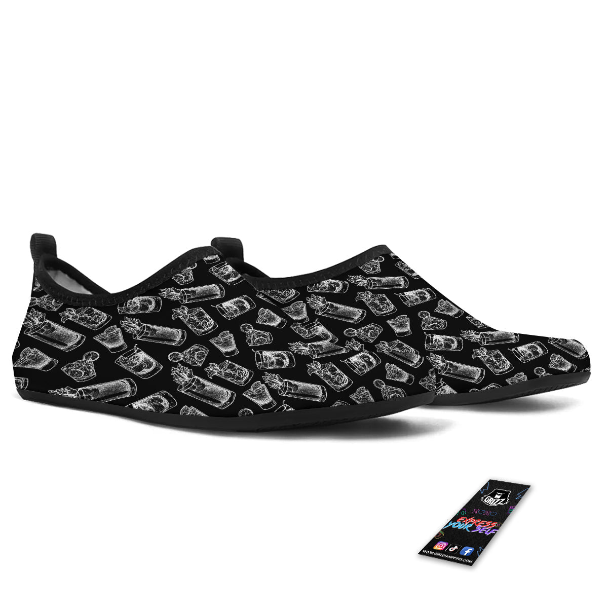 Cocktail Black And White Doodle Print Pattern Water Shoes-grizzshop