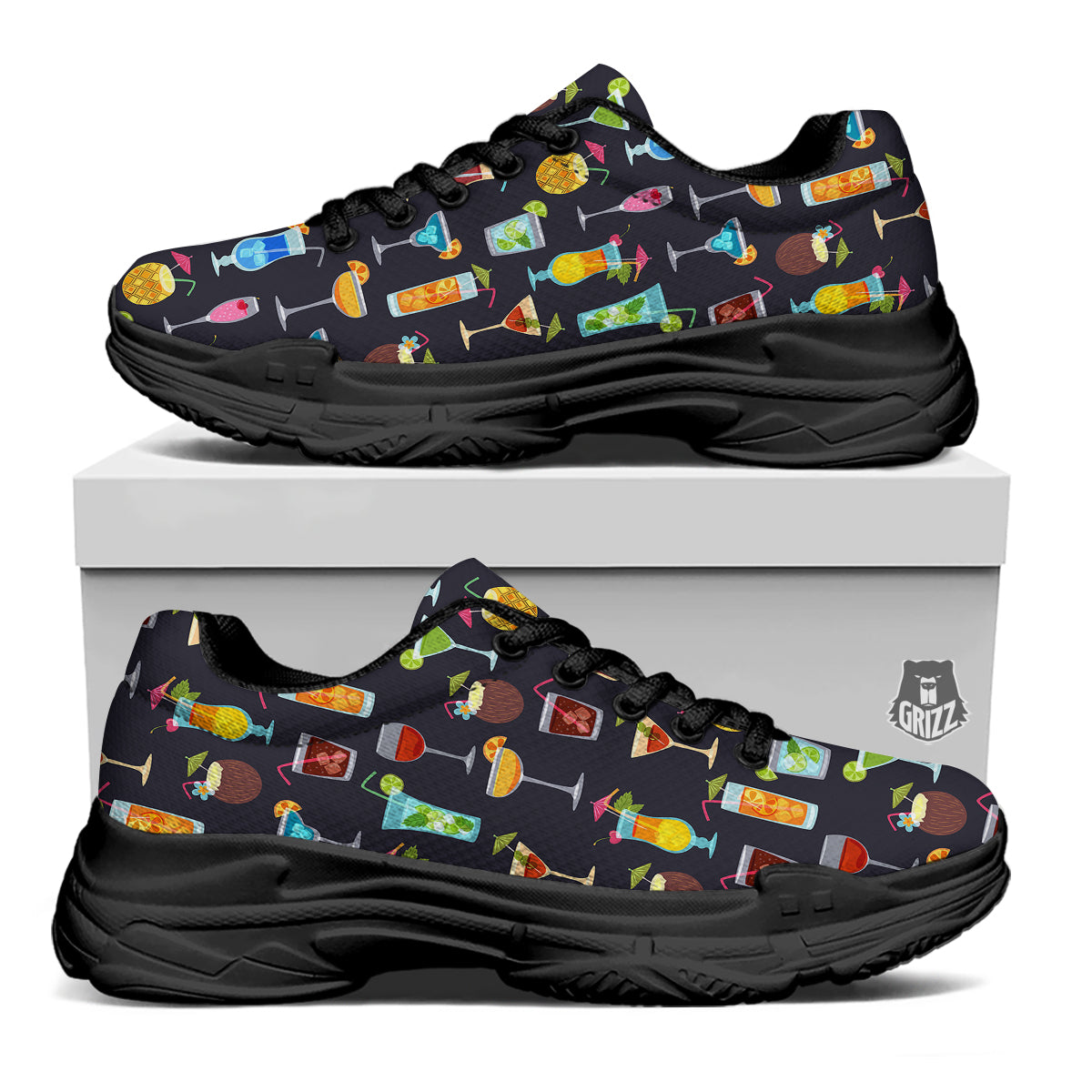 Cocktail Exotic Print Pattern Black Chunky Shoes-grizzshop