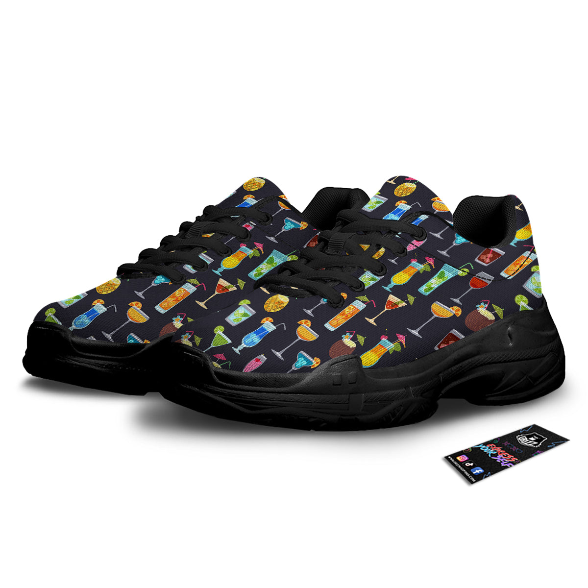 Cocktail Exotic Print Pattern Black Chunky Shoes-grizzshop