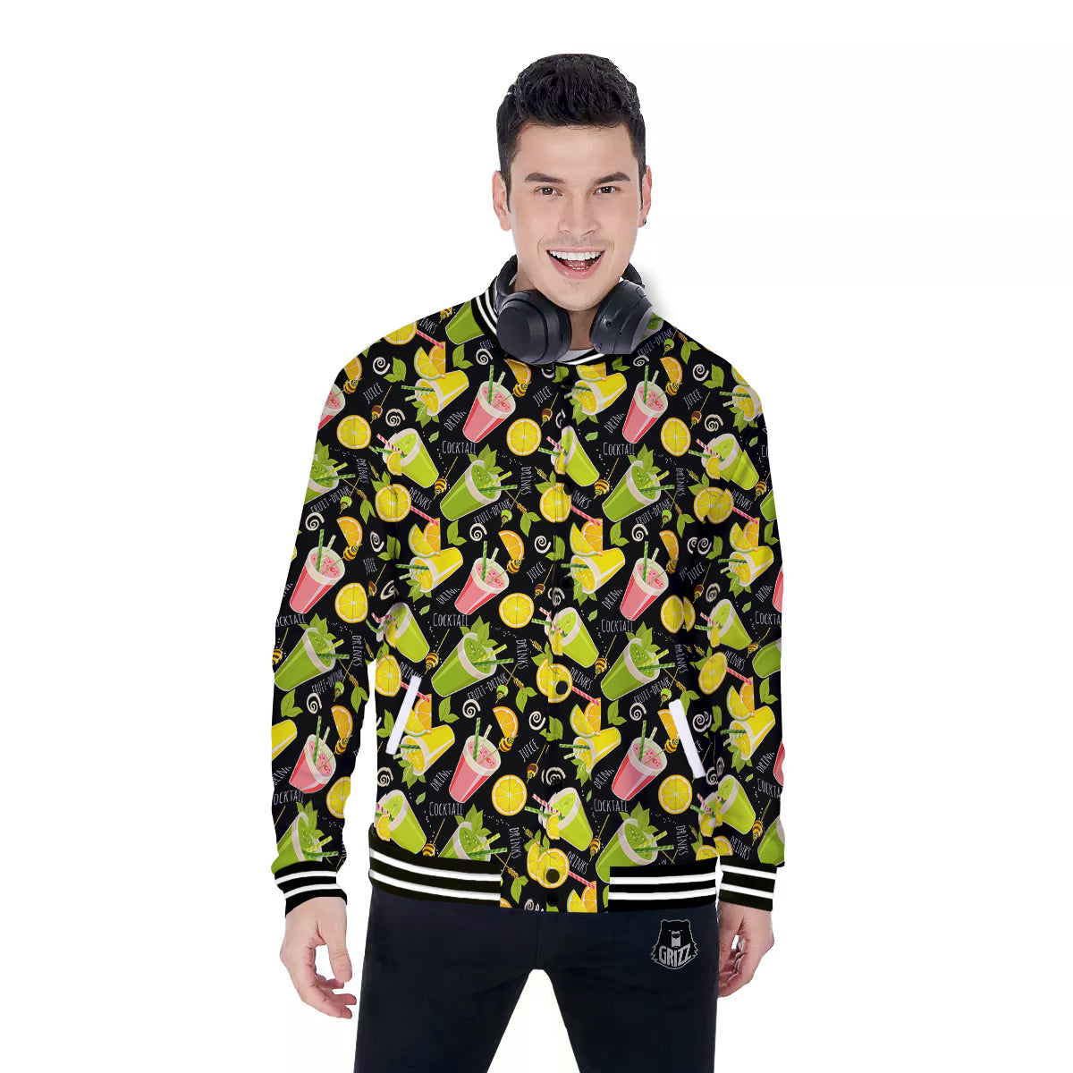Cocktail Lemon Print Pattern Baseball Jacket-grizzshop