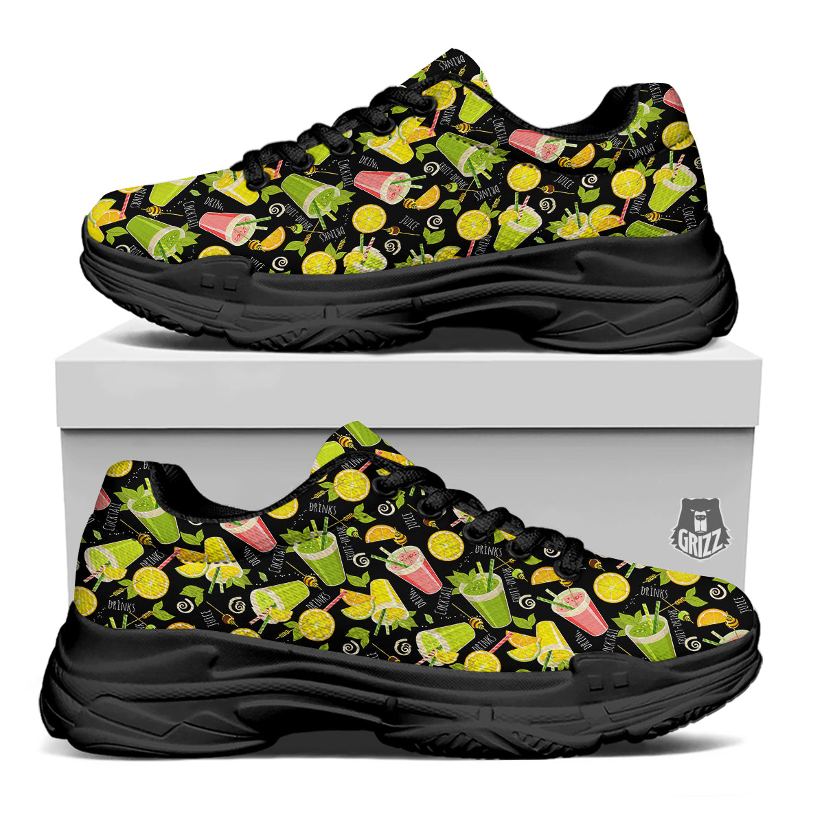 Cocktail Lemon Print Pattern Black Chunky Shoes-grizzshop