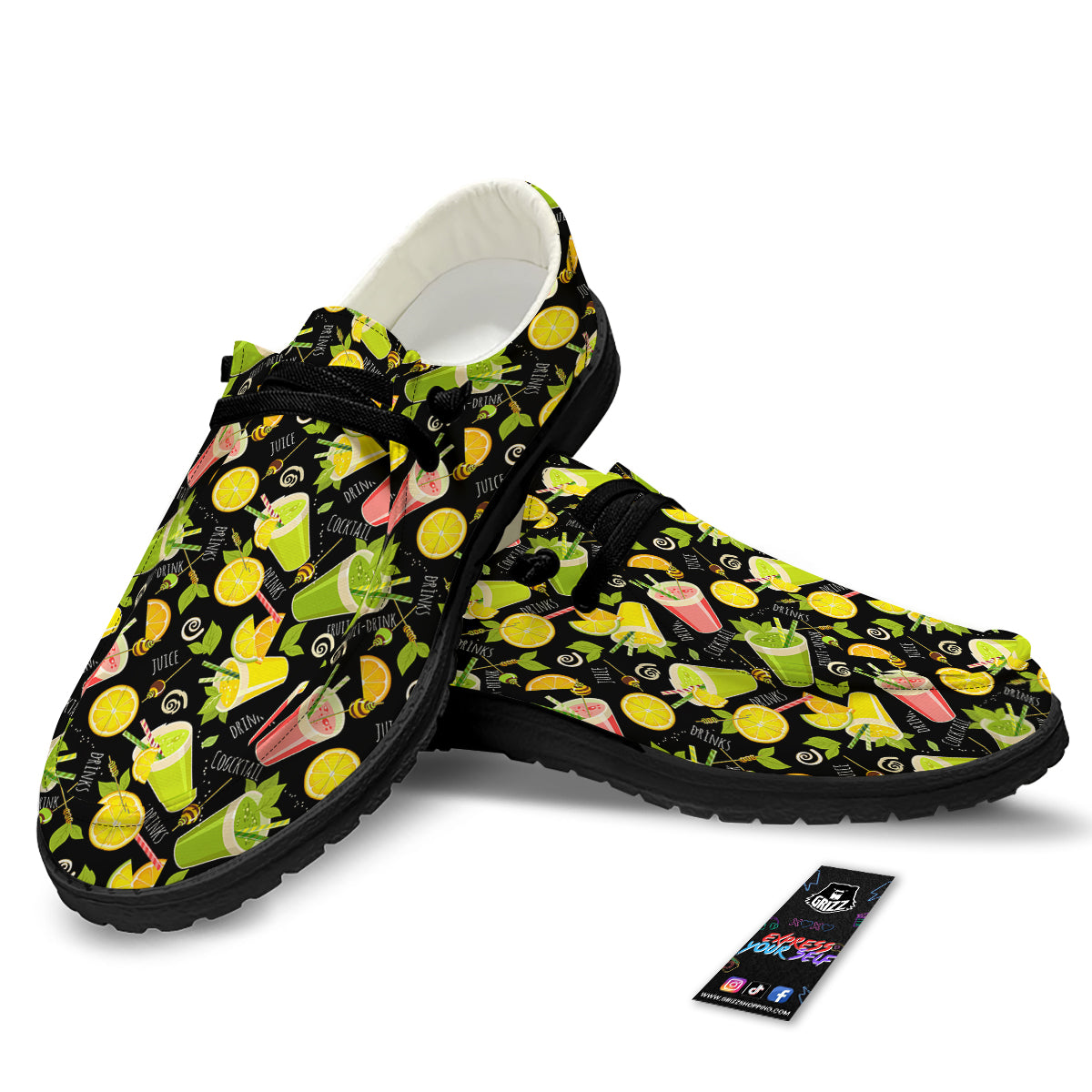 Cocktail Lemon Print Pattern Black Loafers-grizzshop