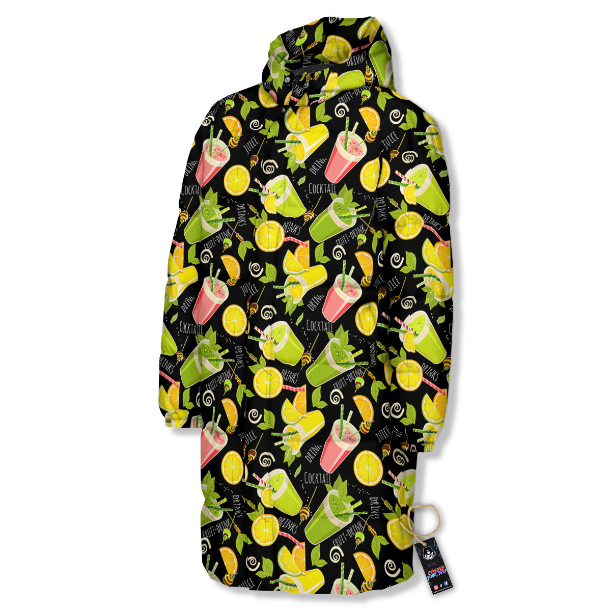 Cocktail Lemon Print Pattern Long Down Jacket-grizzshop