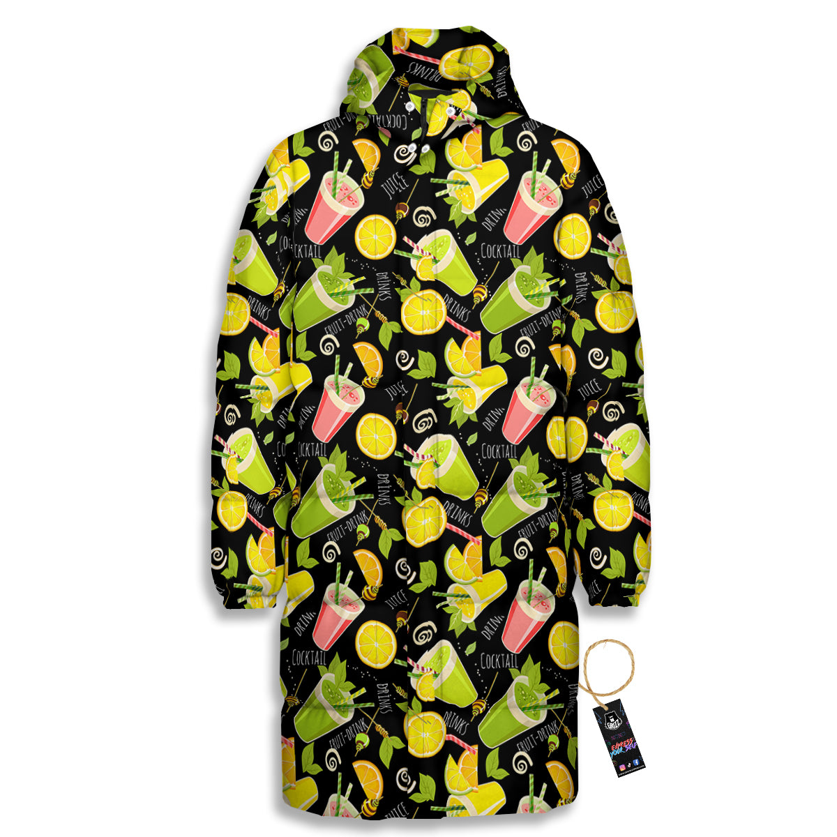 Cocktail Lemon Print Pattern Long Down Jacket-grizzshop