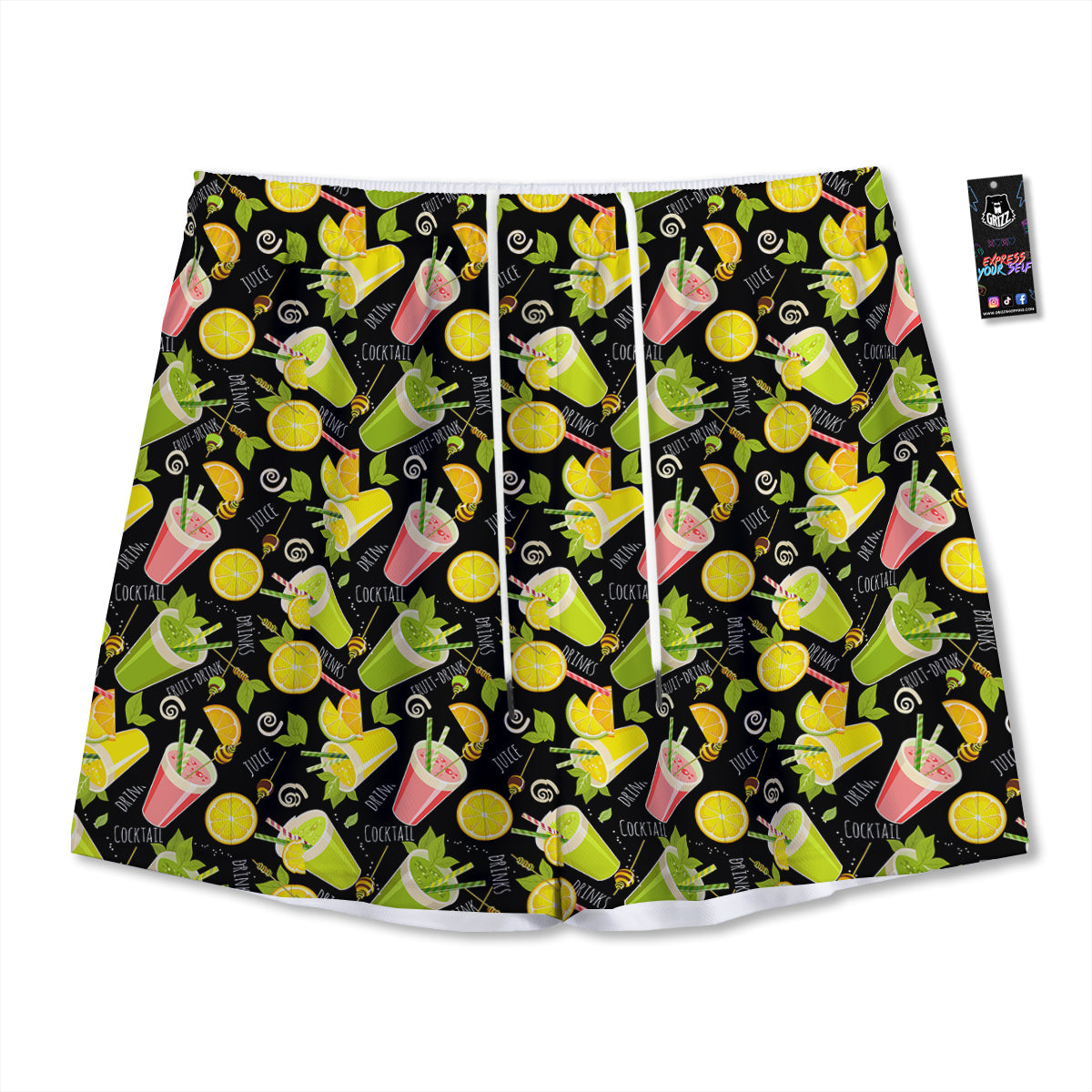 Cocktail Lemon Print Pattern Mesh Shorts-grizzshop