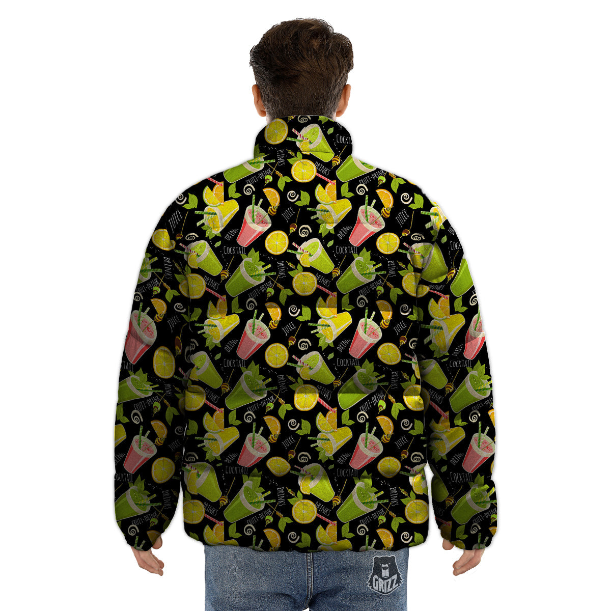Cocktail Lemon Print Pattern Puffer Jacket-grizzshop