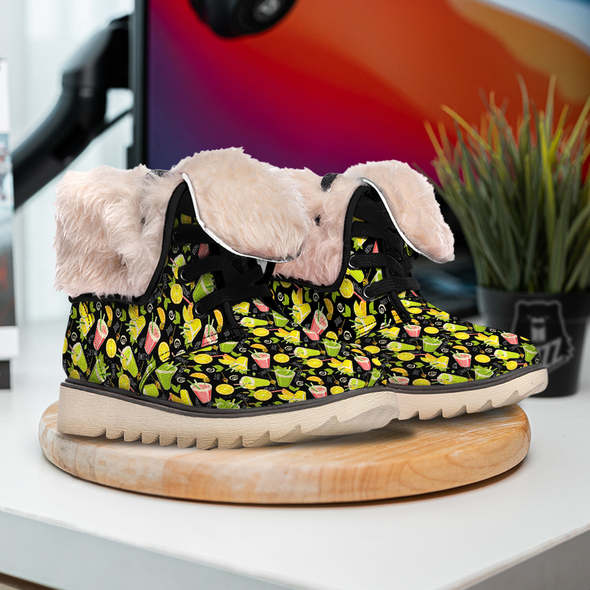 Cocktail Lemon Print Pattern Snow Boots-grizzshop