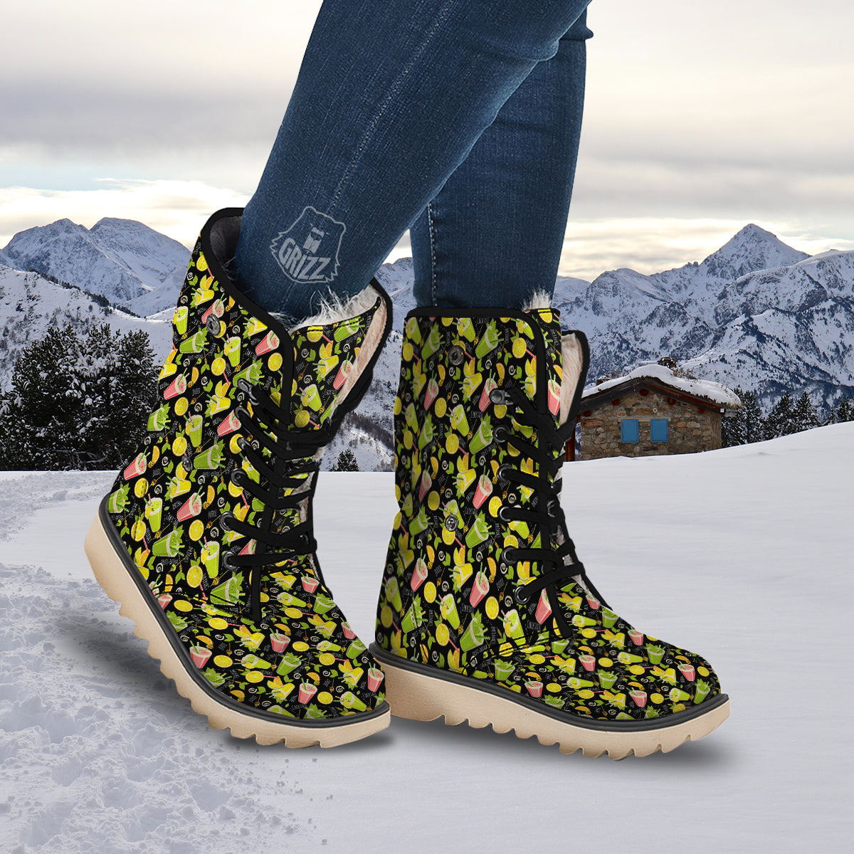 Cocktail Lemon Print Pattern Snow Boots-grizzshop