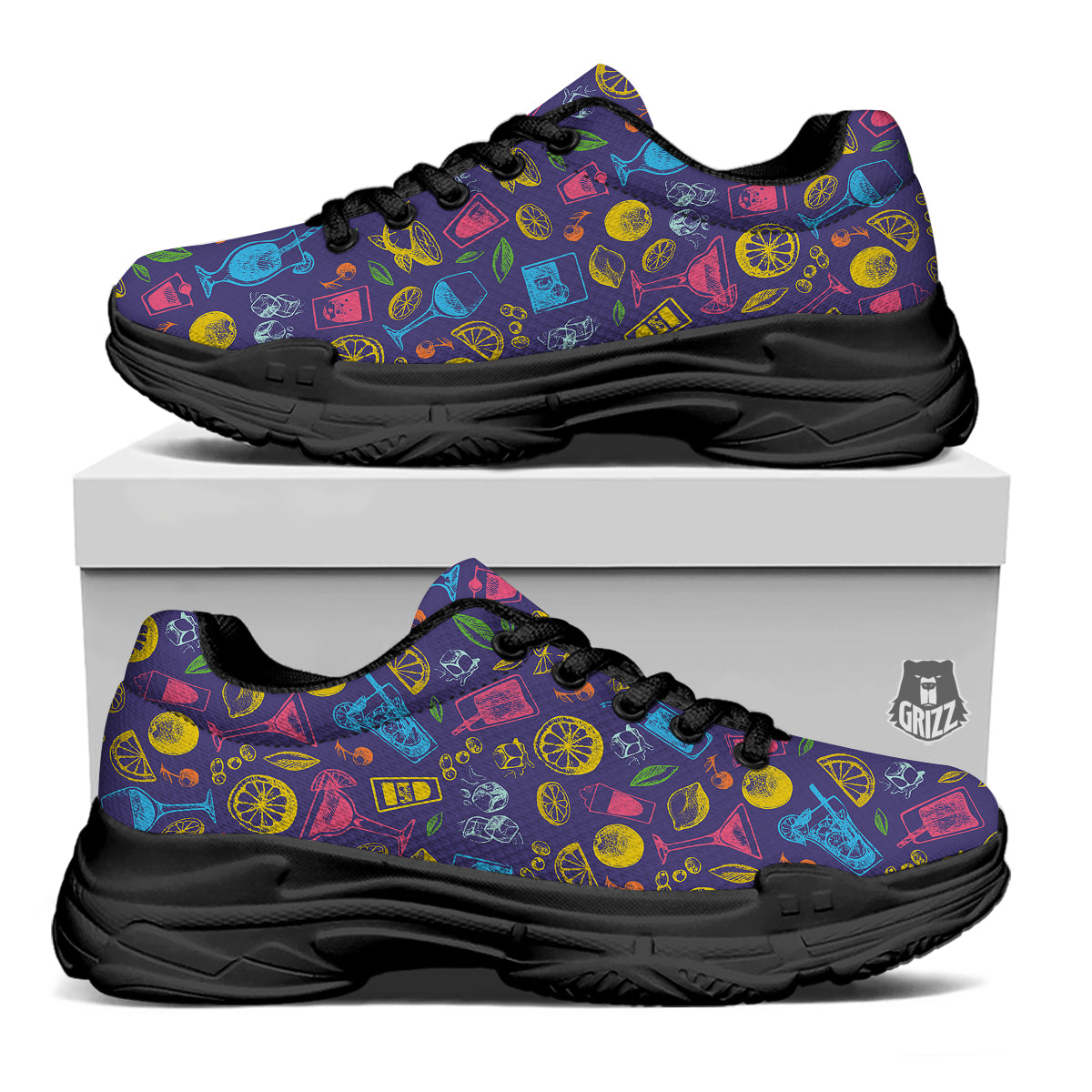 Cocktail Watercolor Print Pattern Black Chunky Shoes-grizzshop