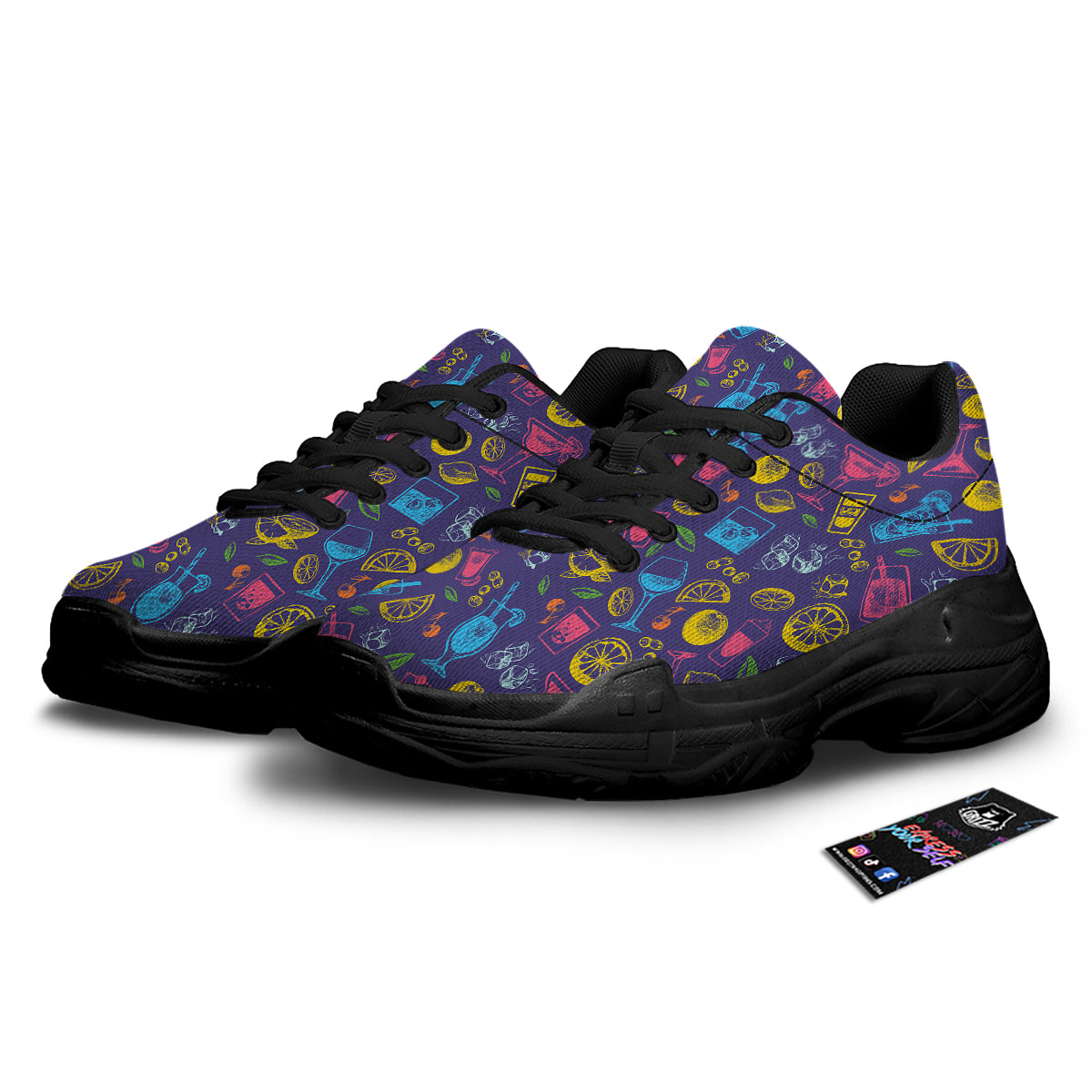 Cocktail Watercolor Print Pattern Black Chunky Shoes-grizzshop