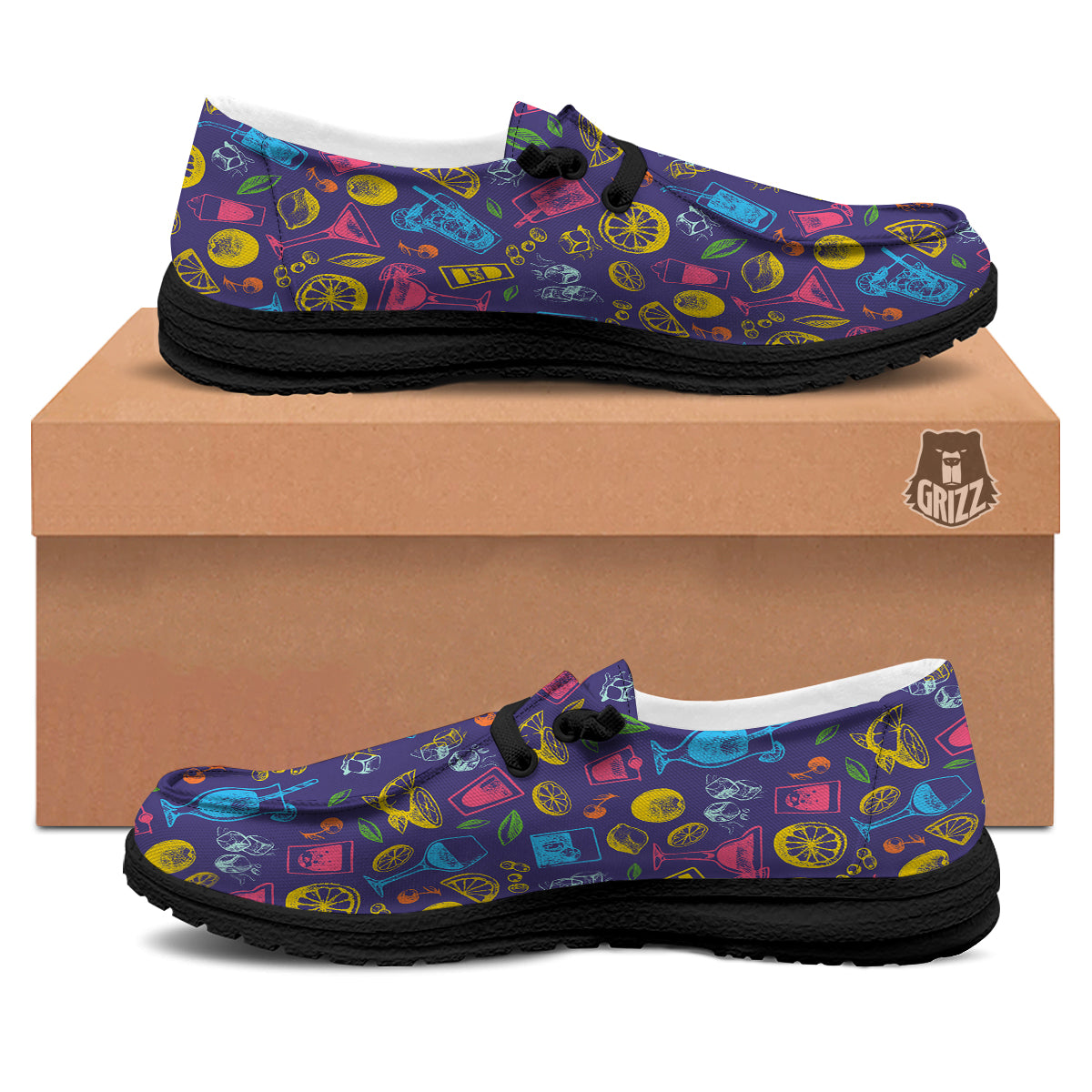 Cocktail Watercolor Print Pattern Black Loafers-grizzshop