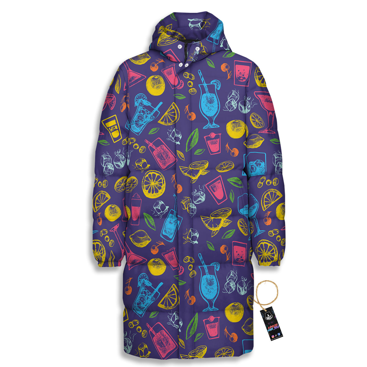 Cocktail Watercolor Print Pattern Long Down Jacket-grizzshop
