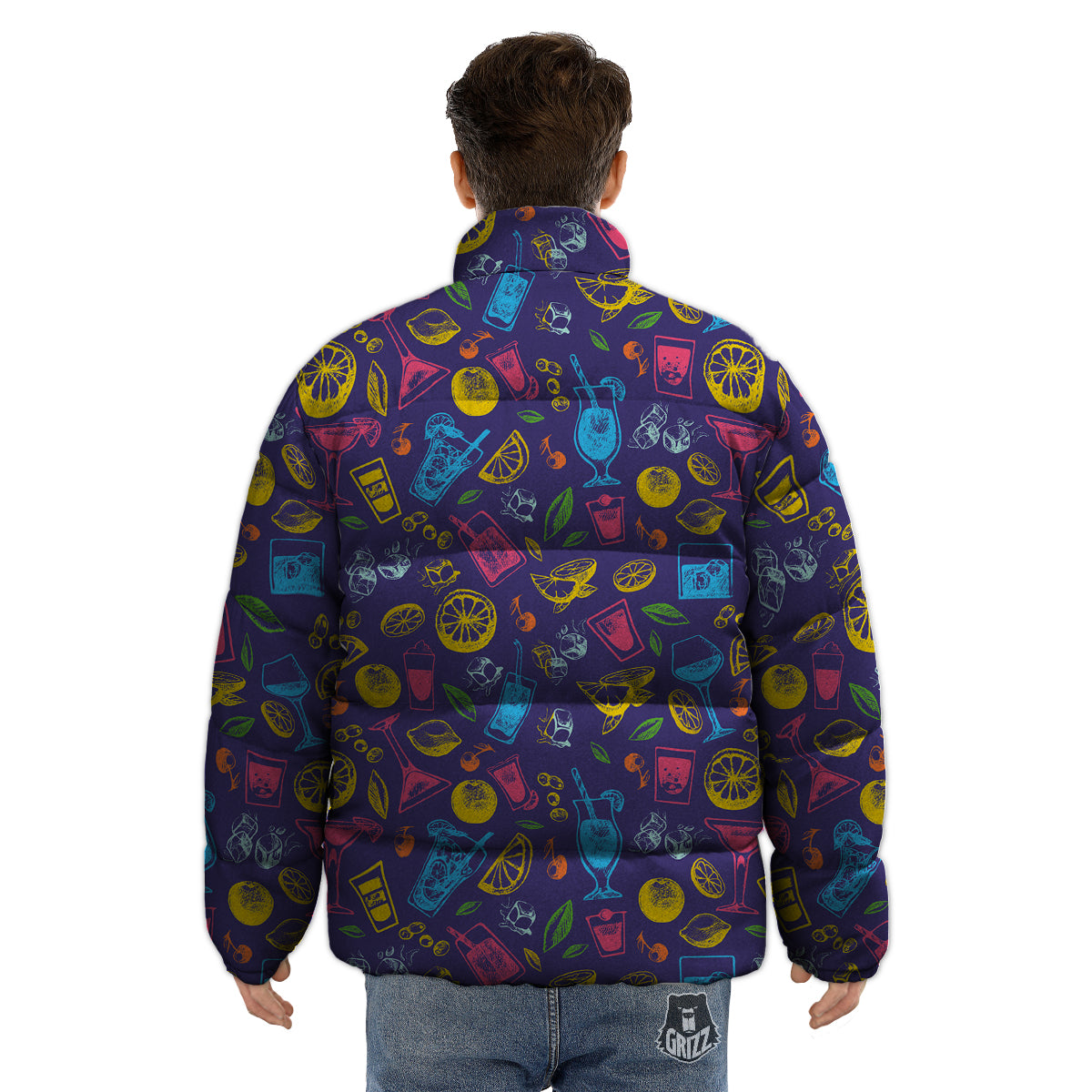 Cocktail Watercolor Print Pattern Puffer Jacket-grizzshop