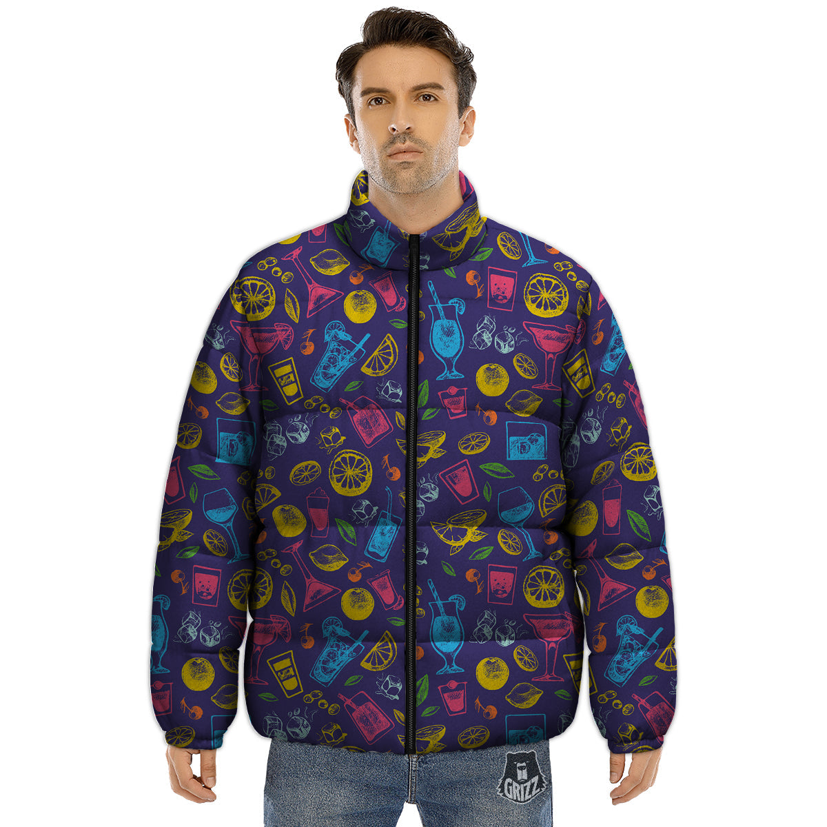 Cocktail Watercolor Print Pattern Puffer Jacket-grizzshop