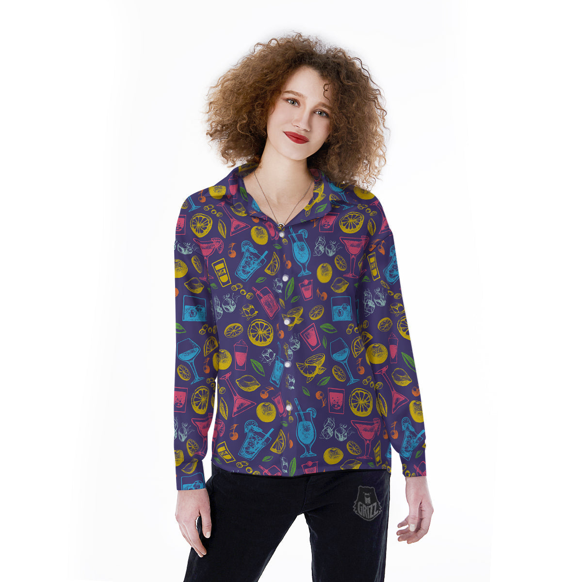 Cocktail Watercolor Print Pattern Women's Long Sleeve Shirts-grizzshop