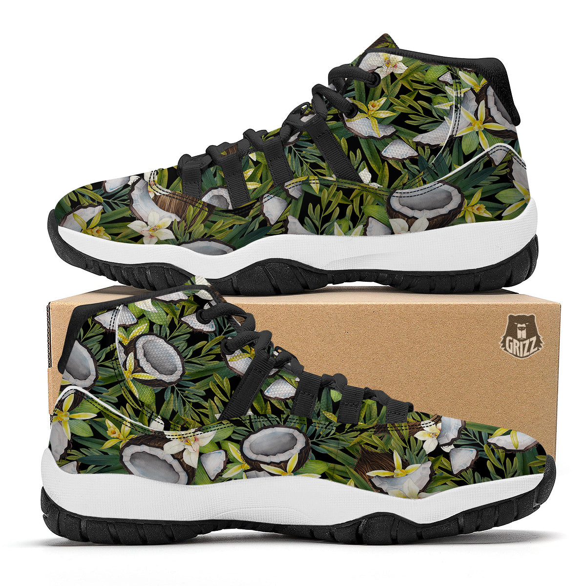 Coconut And Vanilla Flower Print Pattern Black Bball Shoes-grizzshop