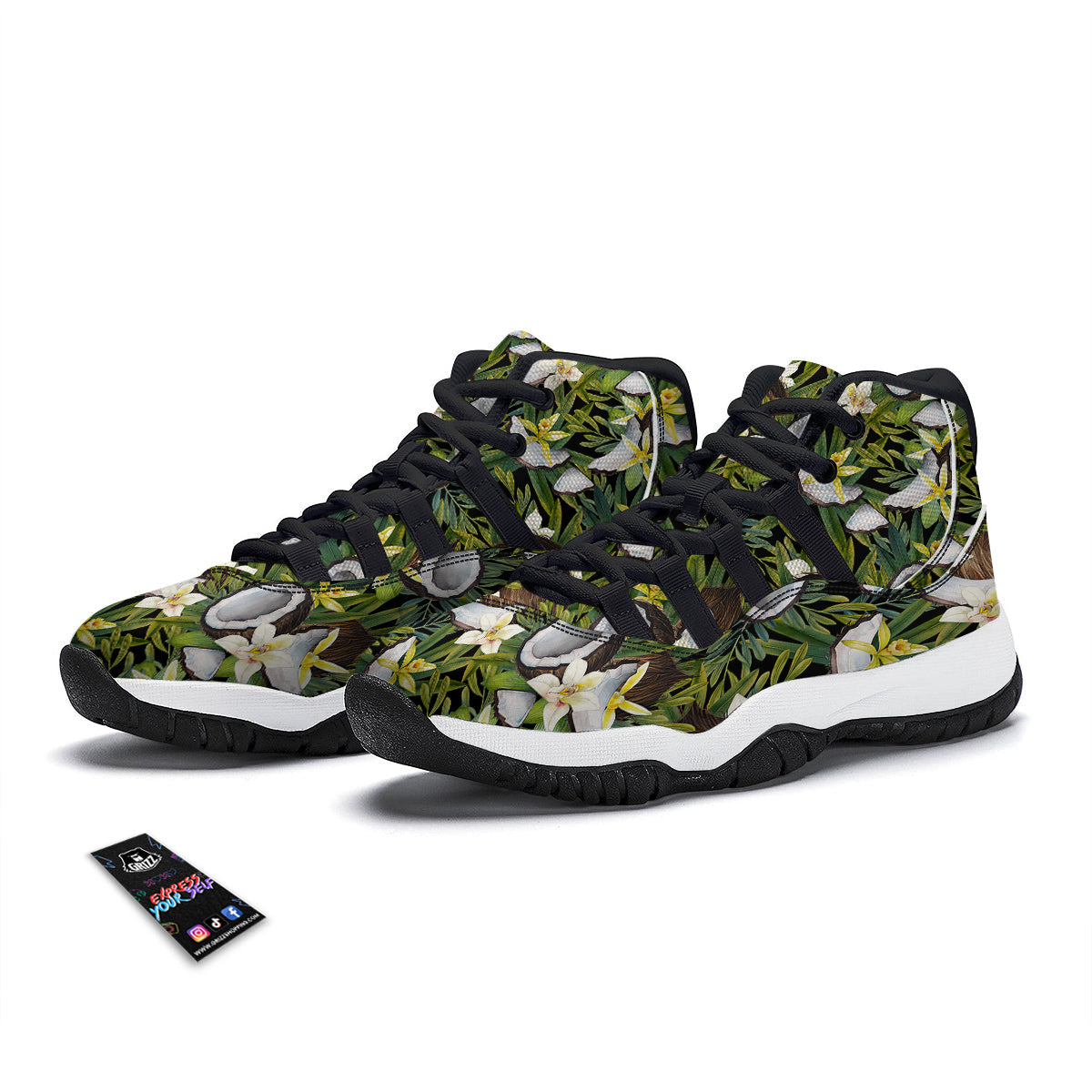 Coconut And Vanilla Flower Print Pattern Black Bball Shoes-grizzshop