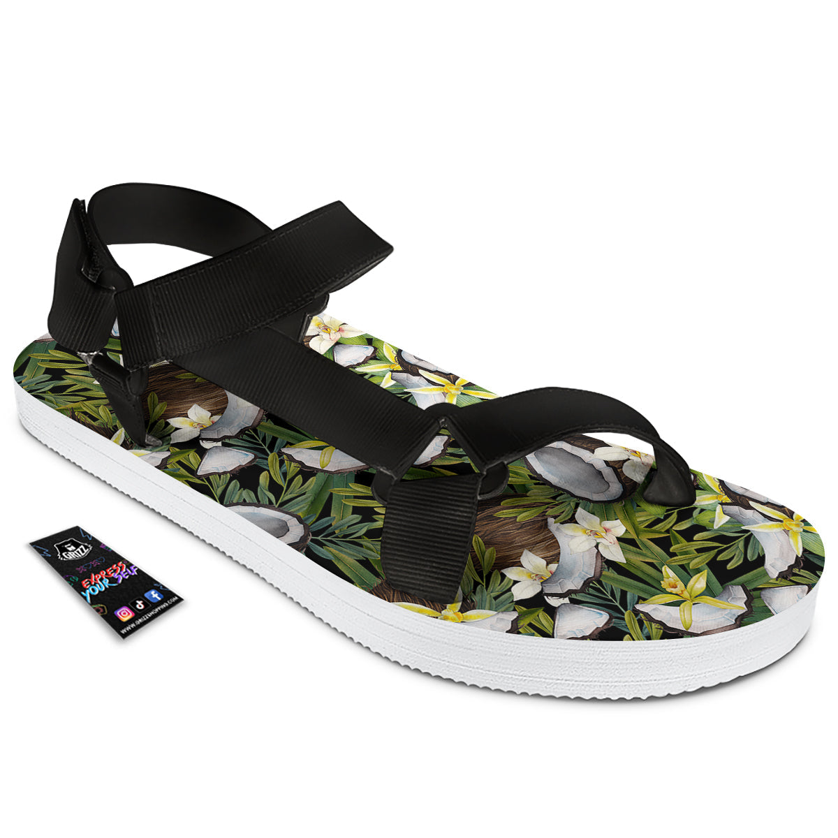 Coconut And Vanilla Flower Print Pattern Black Open Toe Sandals-grizzshop