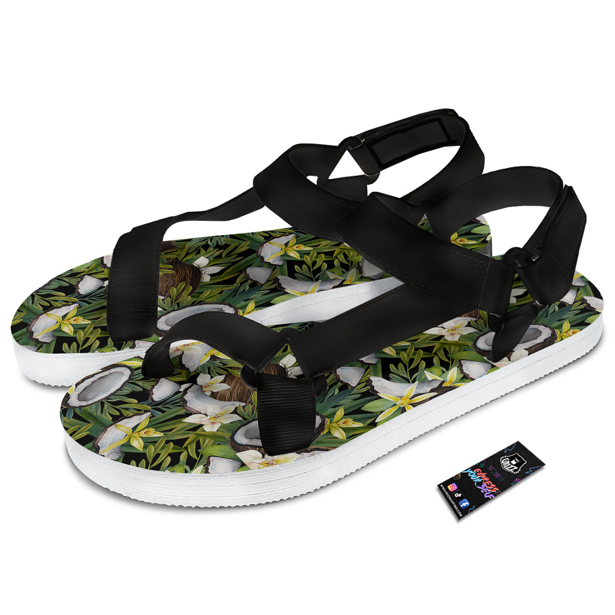 Coconut And Vanilla Flower Print Pattern Black Open Toe Sandals-grizzshop