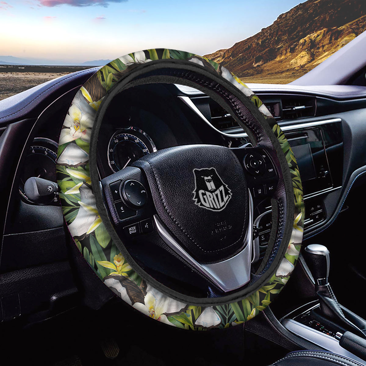 Coconut And Vanilla Flower Print Pattern Car Steering Wheel Cover-grizzshop