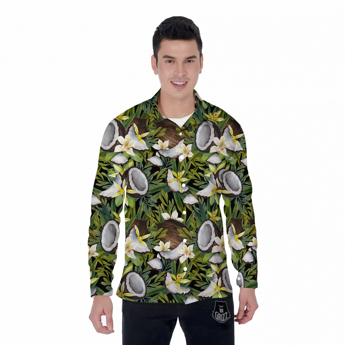 Coconut And Vanilla Flower Print Pattern Men's Long Sleeve Shirts-grizzshop