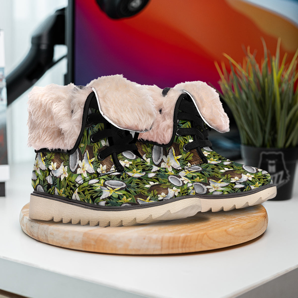 Coconut And Vanilla Flower Print Pattern Snow Boots-grizzshop