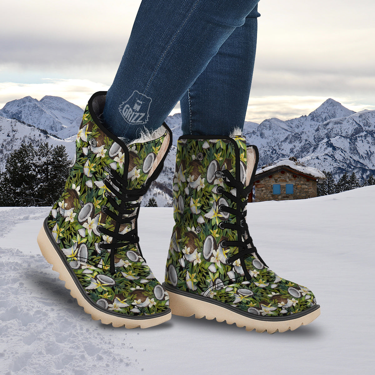 Coconut And Vanilla Flower Print Pattern Snow Boots-grizzshop