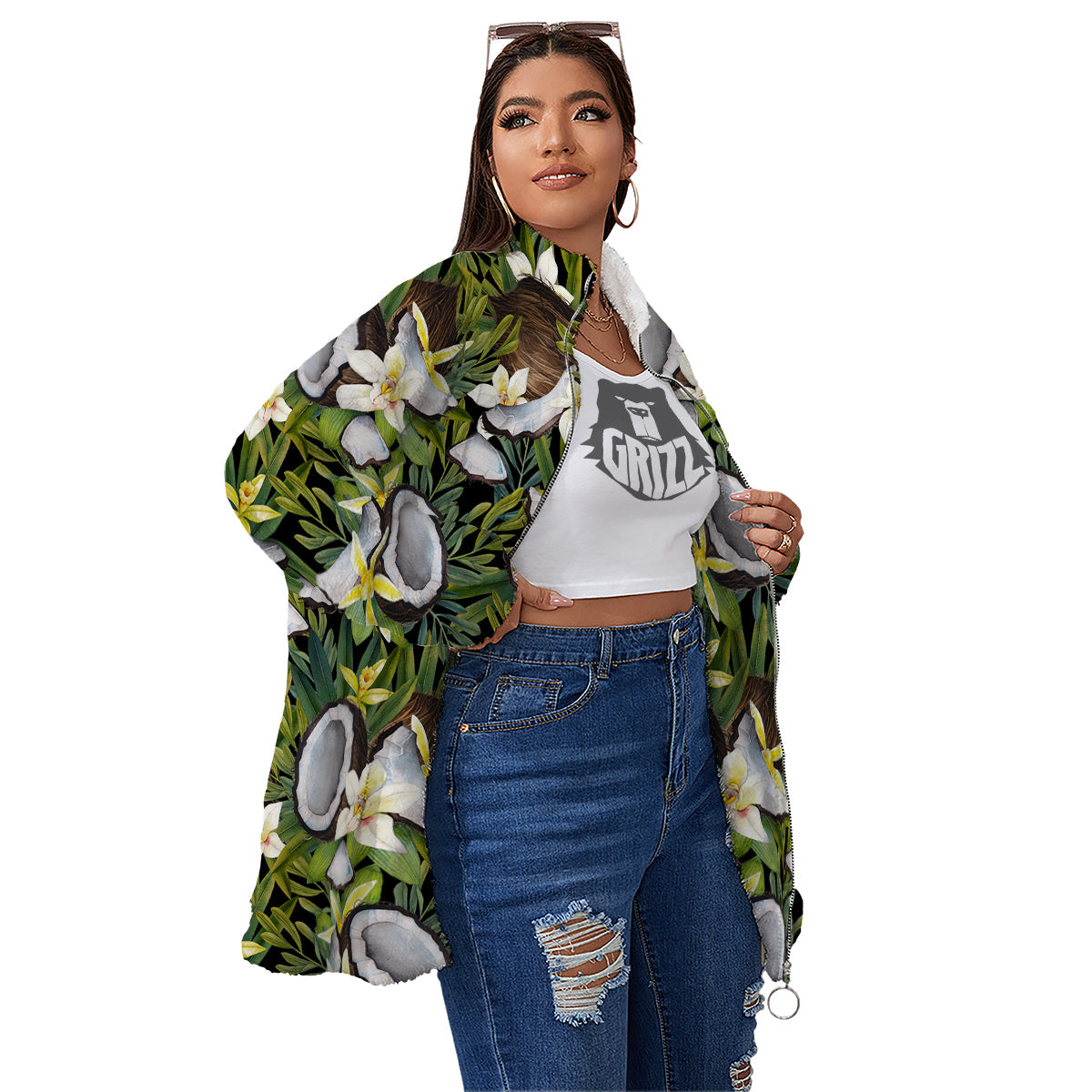 Coconut And Vanilla Flower Print Pattern Women's Sherpa Jacket-grizzshop
