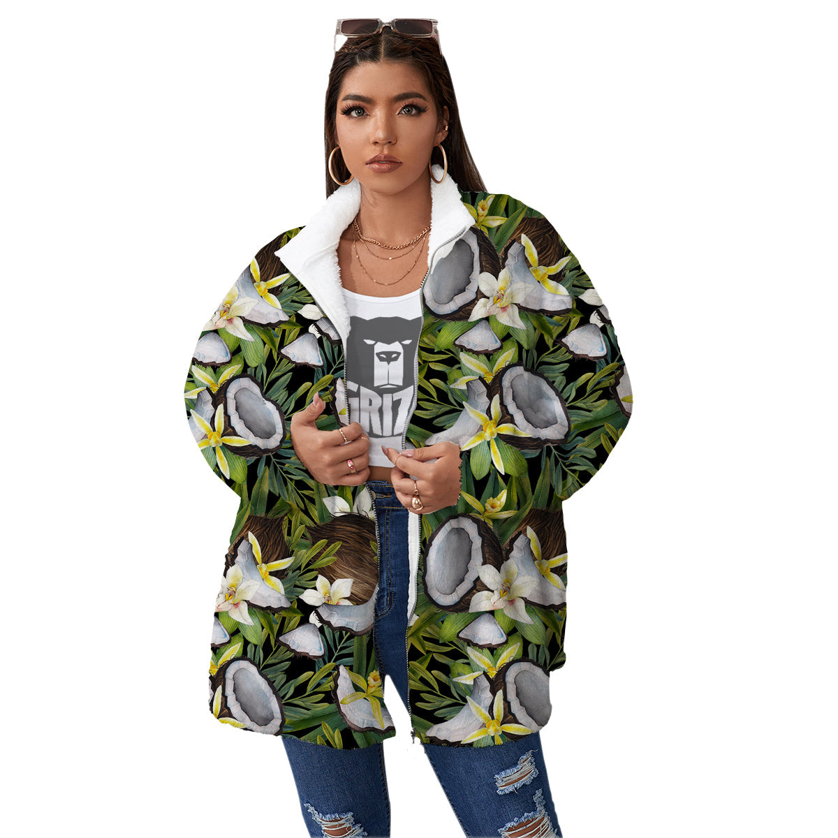 Coconut And Vanilla Flower Print Pattern Women's Sherpa Jacket-grizzshop