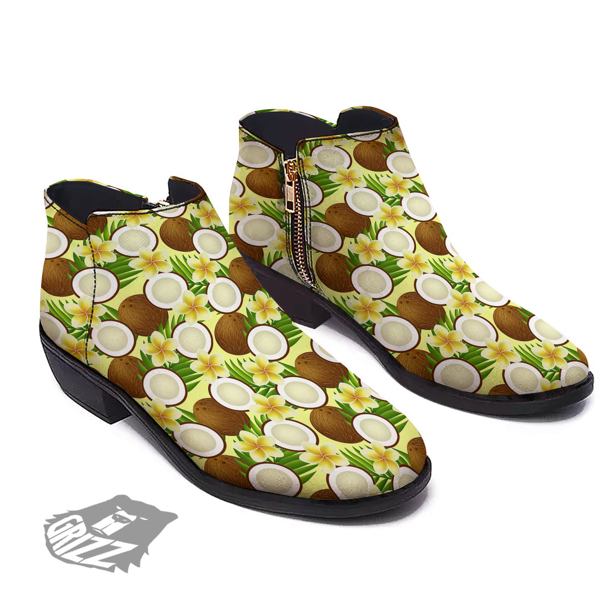 Coconut Beige Print Pattern Ankle Boots-grizzshop