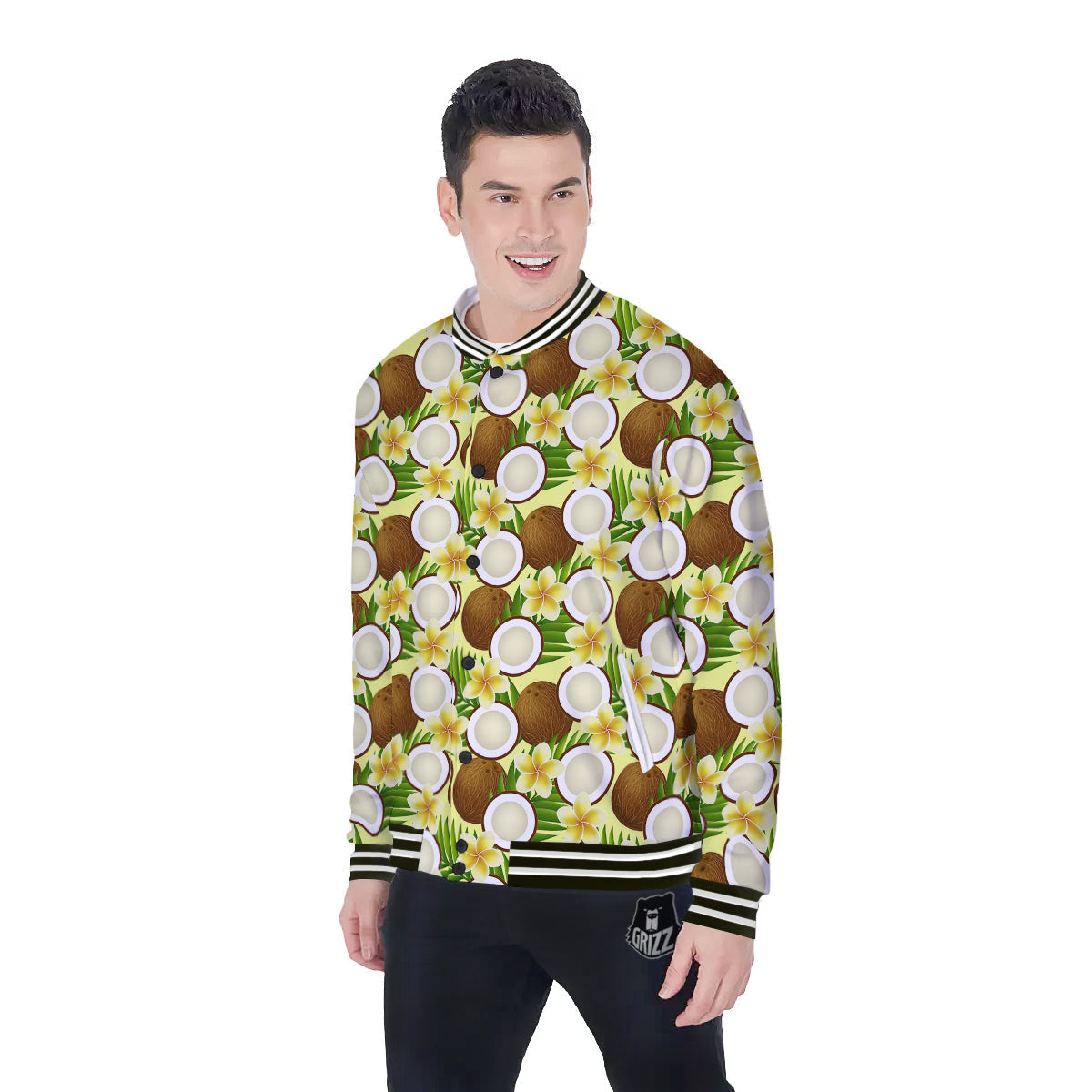 Coconut Beige Print Pattern Baseball Jacket-grizzshop
