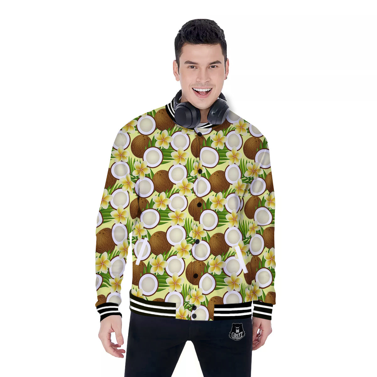 Coconut Beige Print Pattern Baseball Jacket-grizzshop