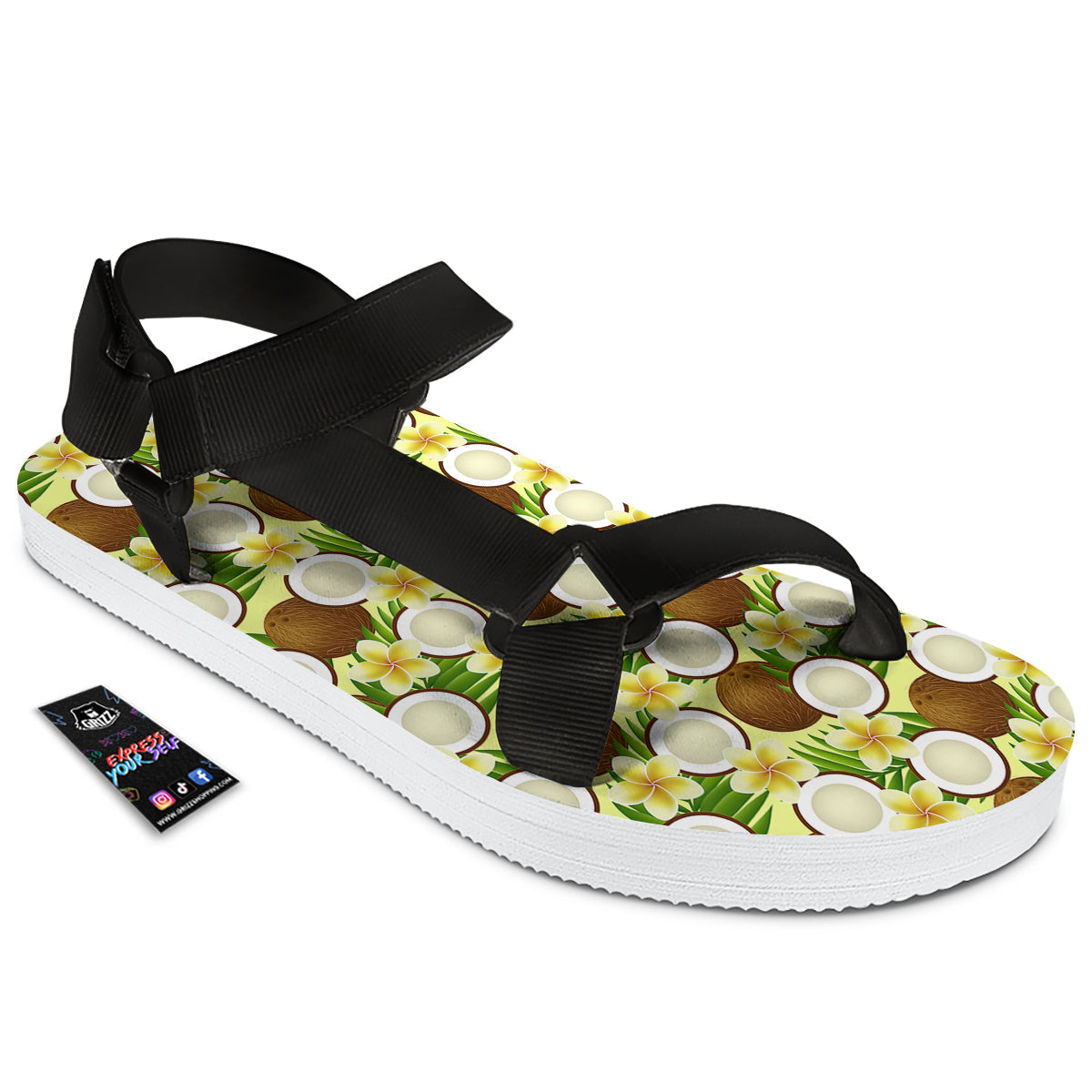Coconut Beige Print Pattern Black Open Toe Sandals-grizzshop