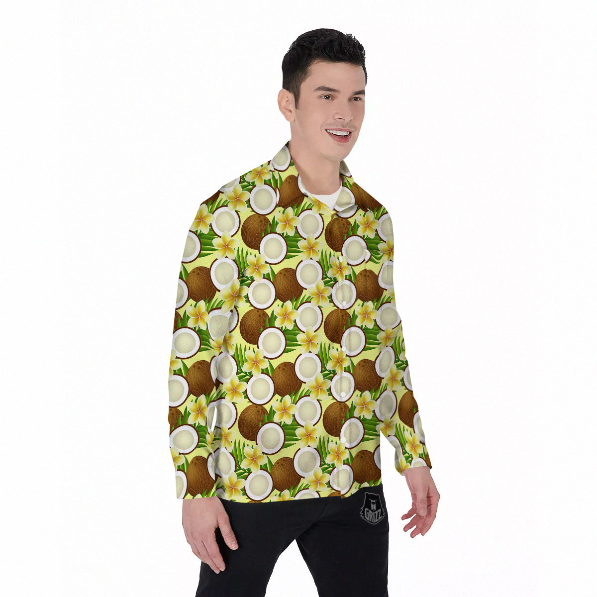 Coconut Beige Print Pattern Men's Long Sleeve Shirts-grizzshop