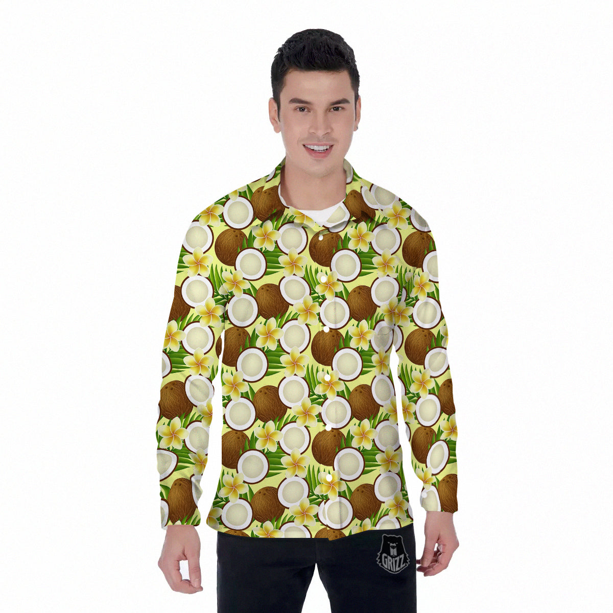 Coconut Beige Print Pattern Men's Long Sleeve Shirts-grizzshop