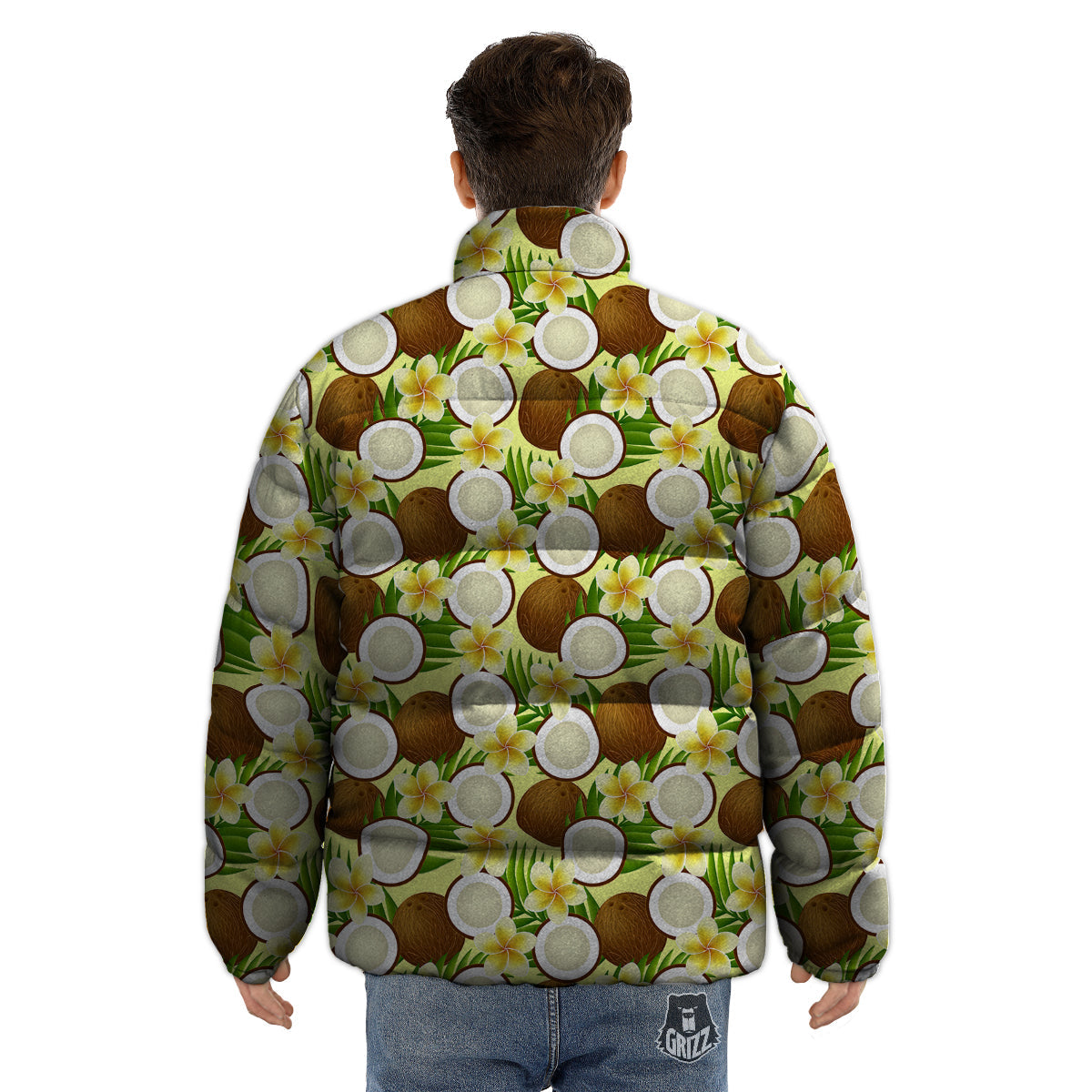 Coconut Beige Print Pattern Puffer Jacket-grizzshop