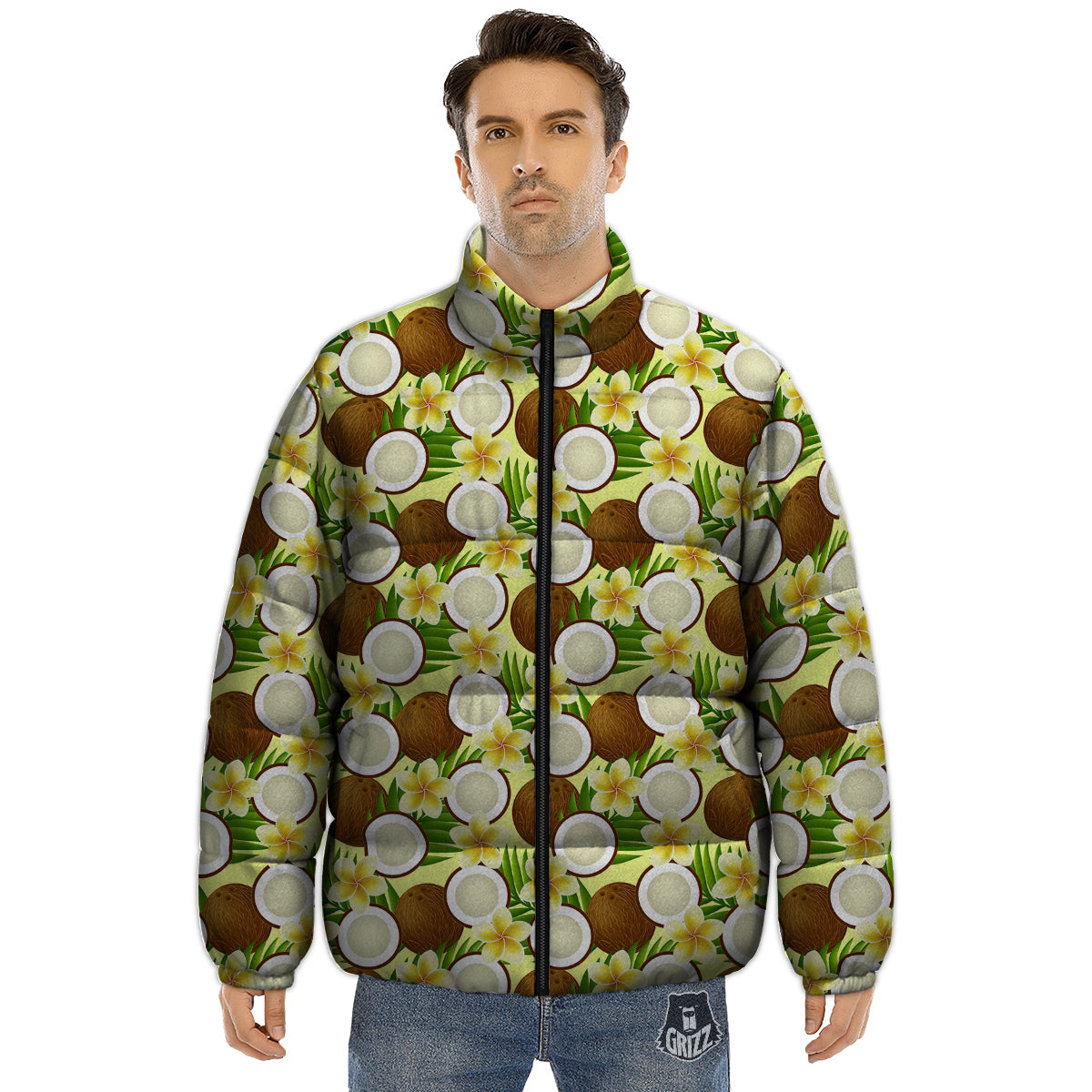 Coconut Beige Print Pattern Puffer Jacket-grizzshop