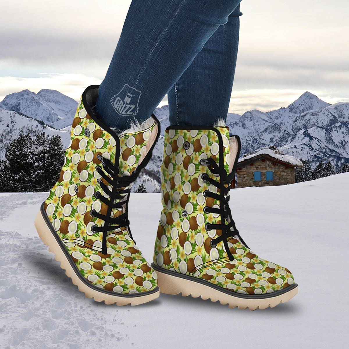 Coconut Beige Print Pattern Snow Boots-grizzshop