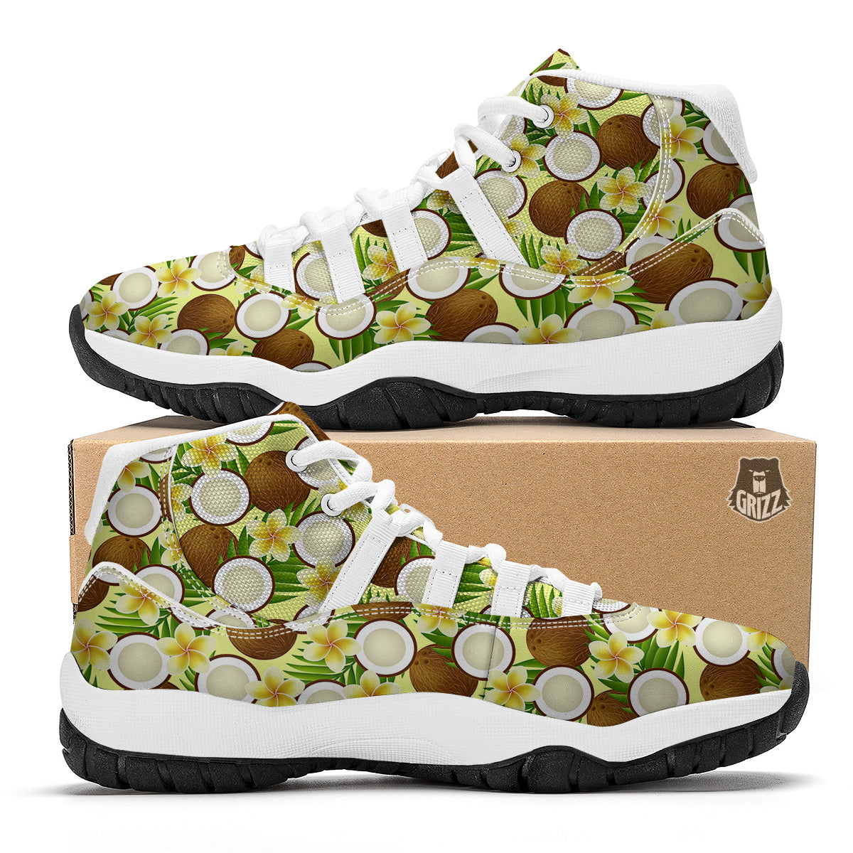 Coconut Beige Print Pattern White Bball Shoes-grizzshop